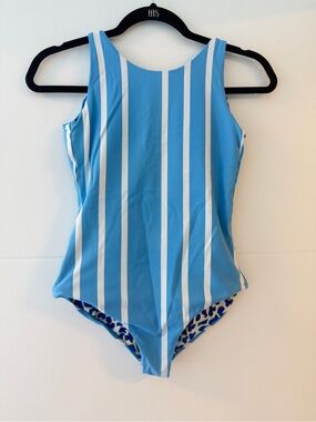 Maaji Reversible One Piece Swimsuit | Blue Leopard Print & Stripe | Size Medium